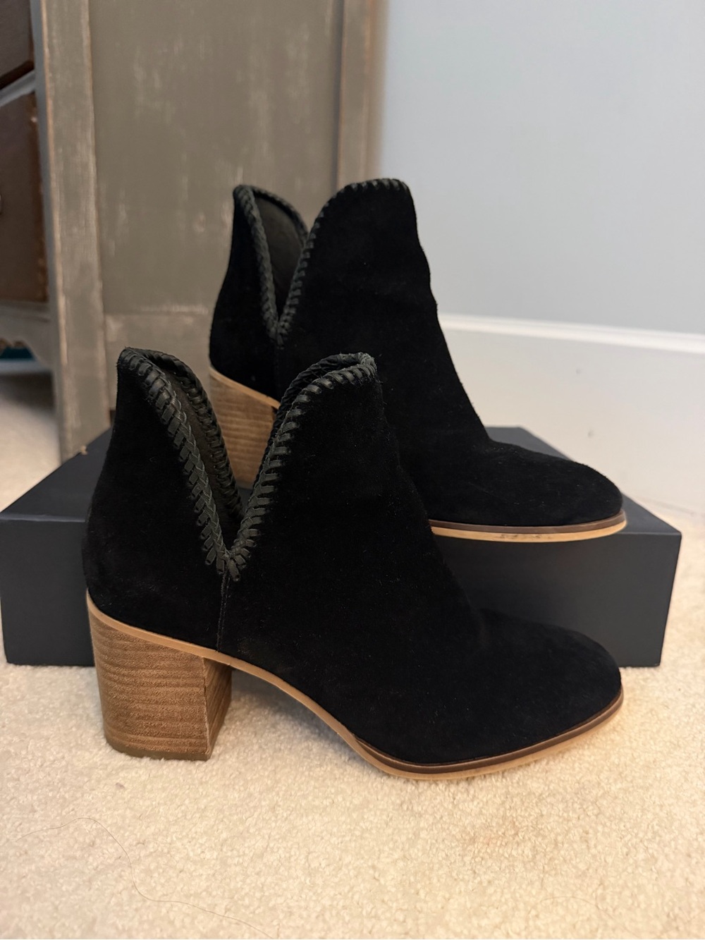 Frye Black Suede V-Cut Braided Trim Ankle Booties